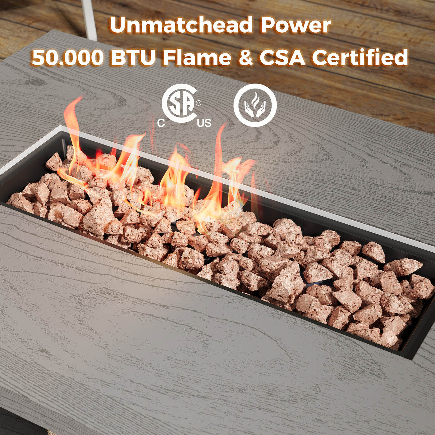 Fire pit with flames and certification logos on a wooden surface