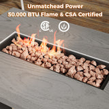 Fire pit with flames and certification logos on a wooden surface