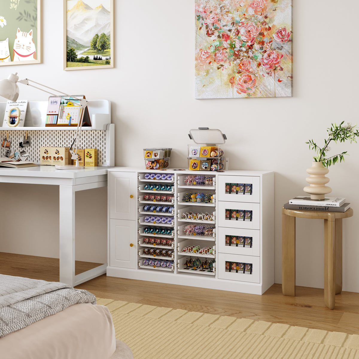 White nail polish storage cabinet with clear drawers, shelves, and side cabinet door