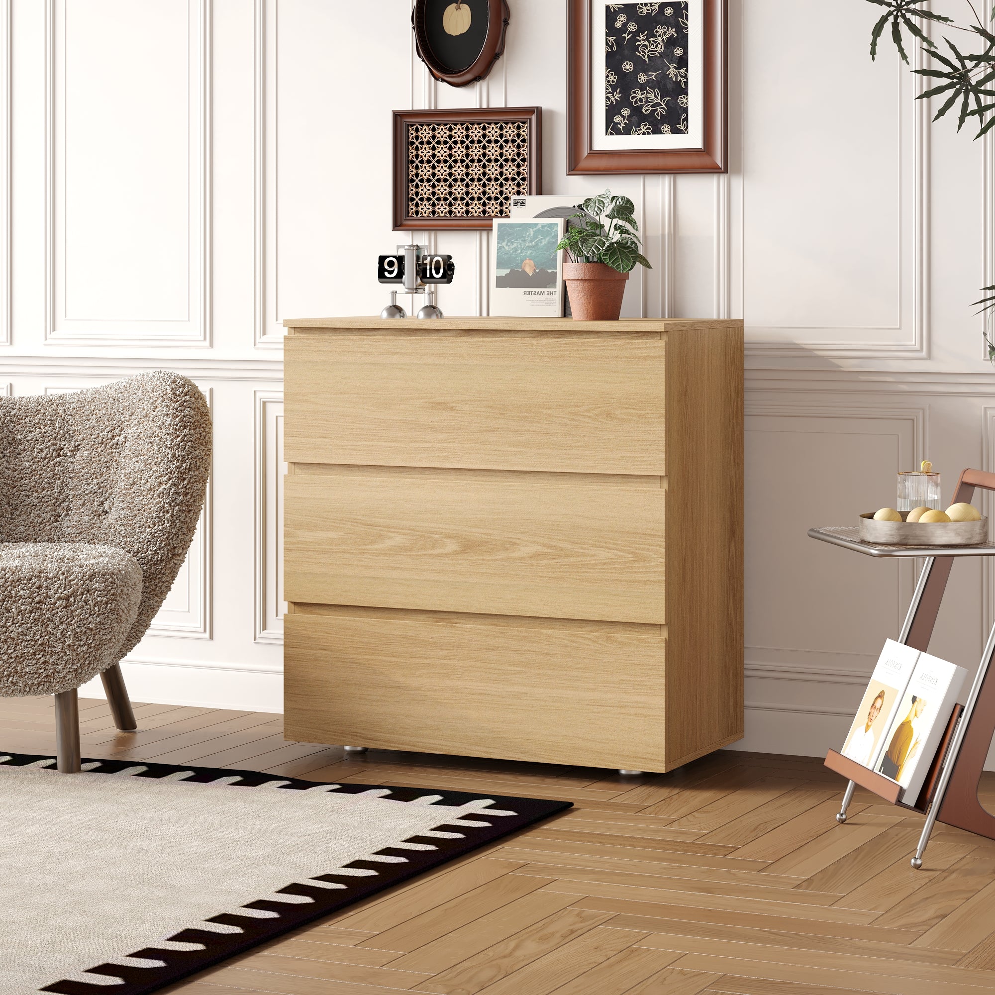 Chest of 3 Drawers Storage Dresser White Sideboard with 3 Drawers No-Handle Organizer