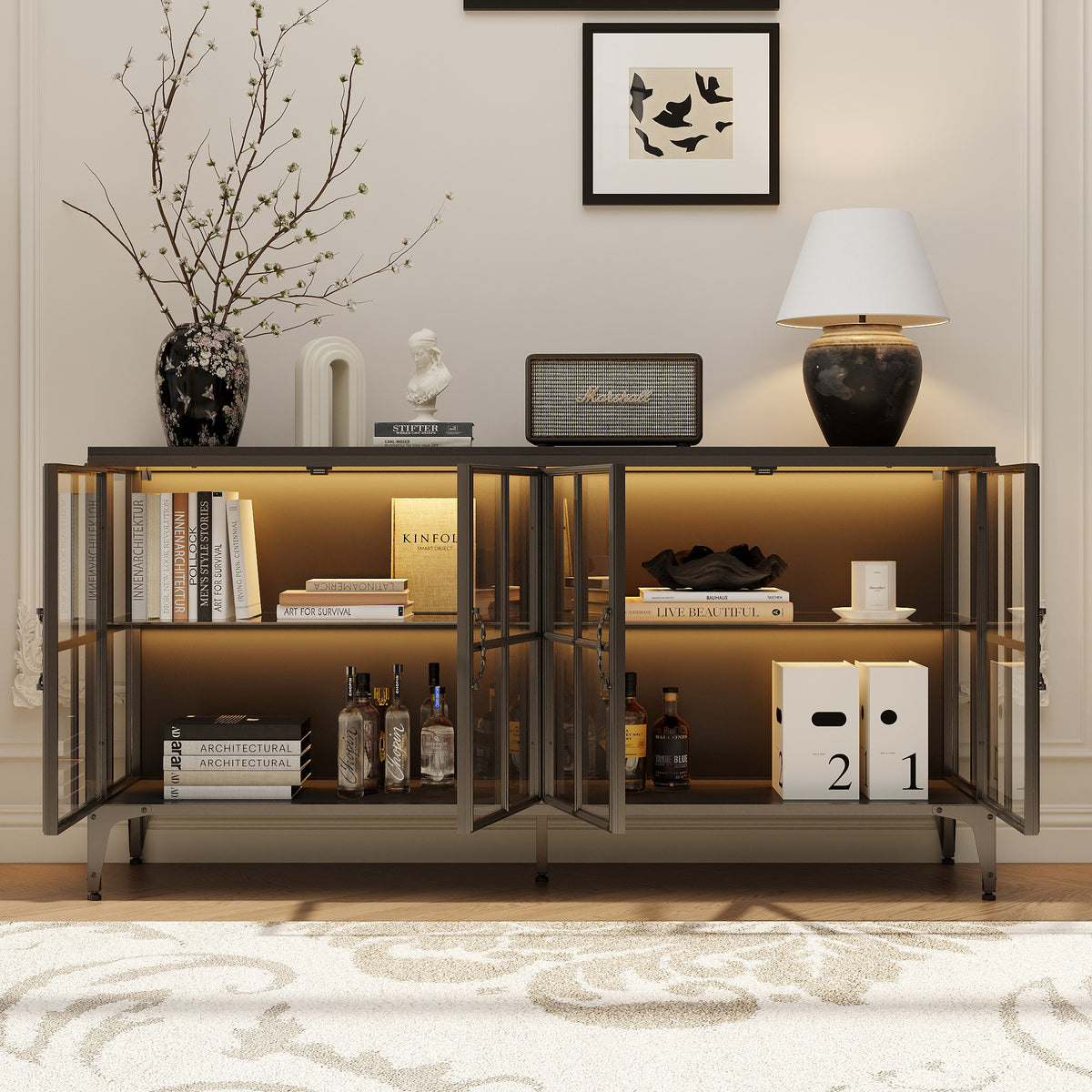Modern glass cabinet with decorative items in a living room setting