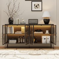 Modern glass cabinet with decorative items in a living room setting