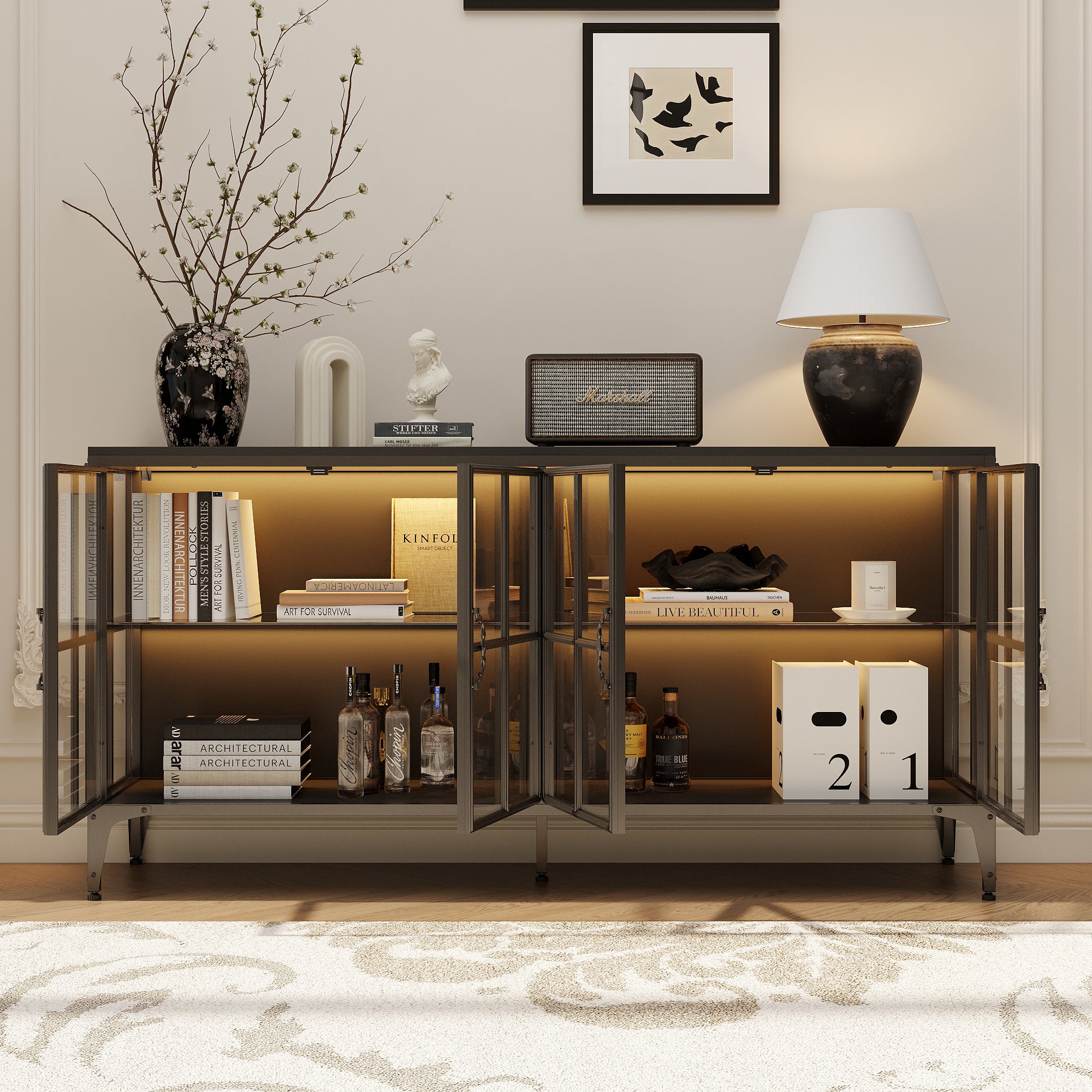 Modern glass cabinet with decorative items in a living room setting