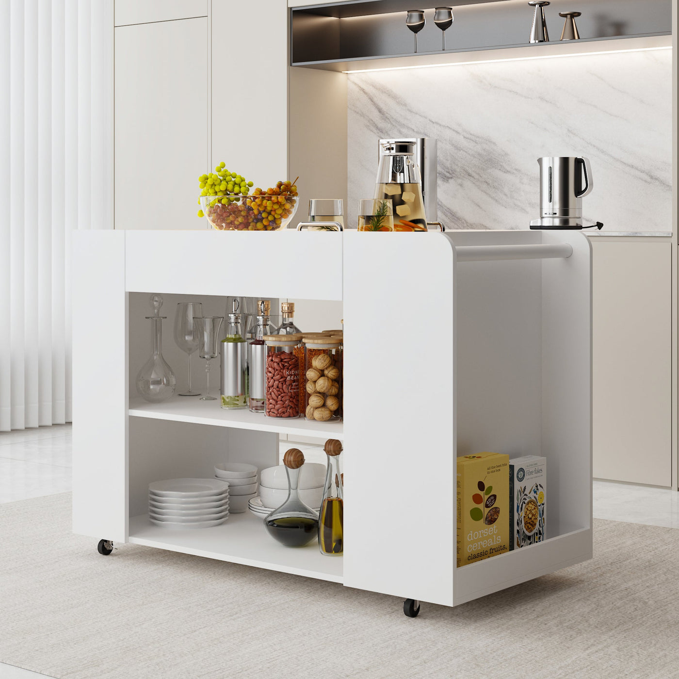 47.8" Rolling Kitchen Island Cart with Glass Top and Light