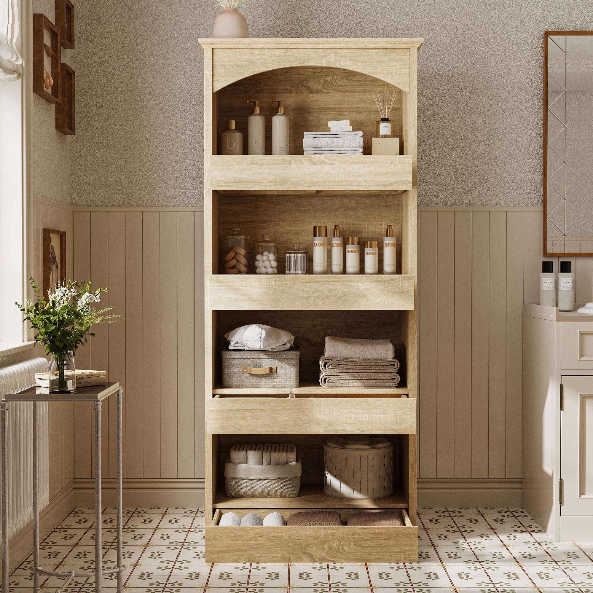 Elegant Bathroom Linen Cabinet With Hidden Drawers & Open Shelving