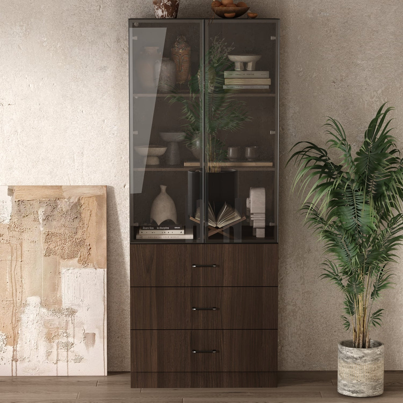 Geyma 31.5" Modern Brown Display Cabinet with Glass Doors, LED Lights and 3 Drawers