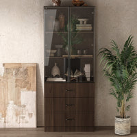 Geyma 31.5" Modern Brown Display Cabinet with Glass Doors, LED Lights and 3 Drawers