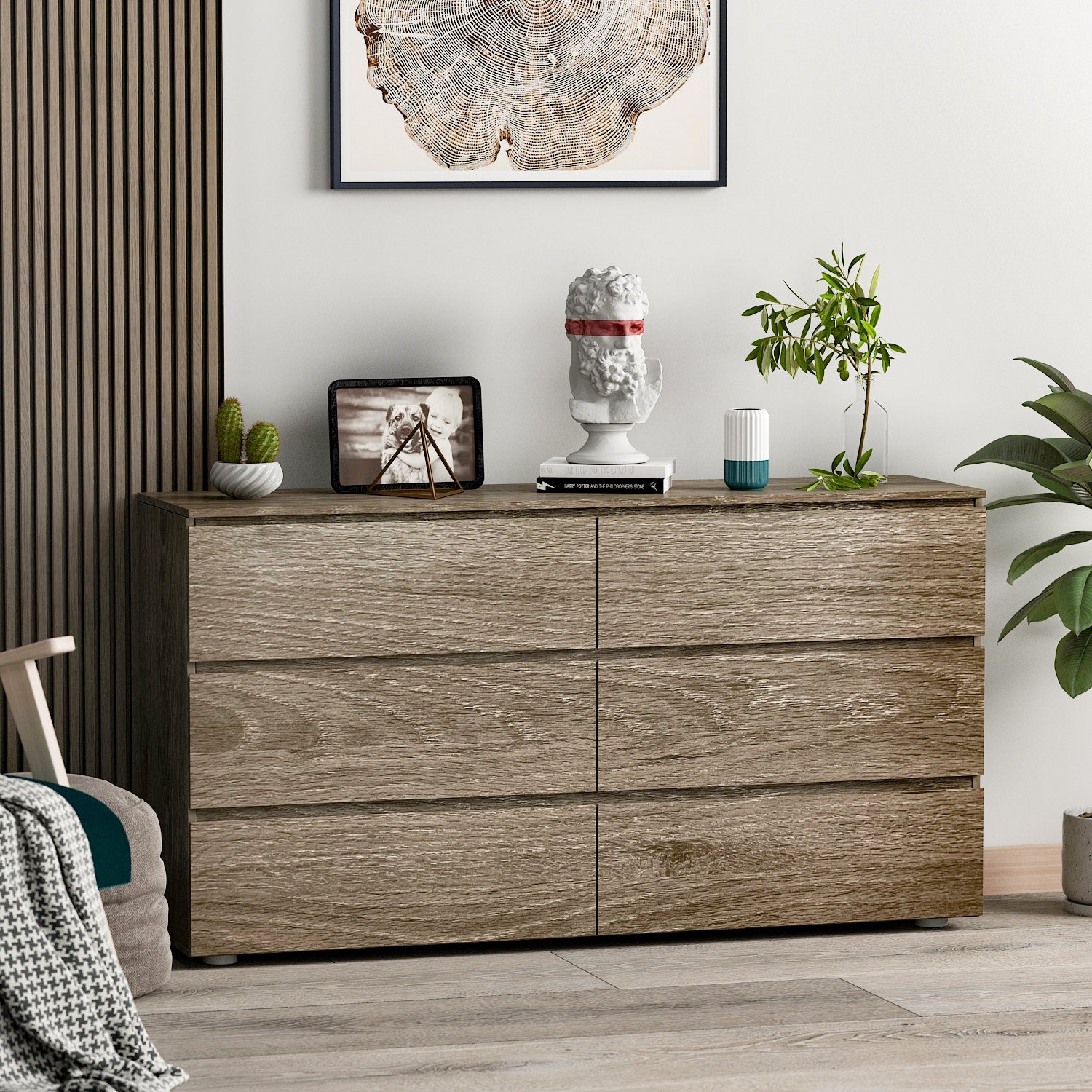 Distressed Sideboard 6-Drawer Storage Buffet Display Table Grain Texture for Living Room and Kitchen