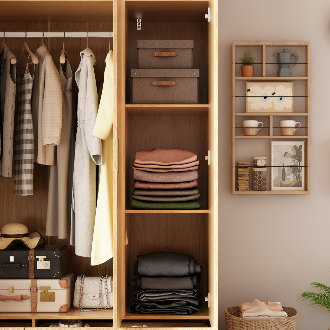 Closet with wooden shelves containing clothes, boxes, and decorative items.