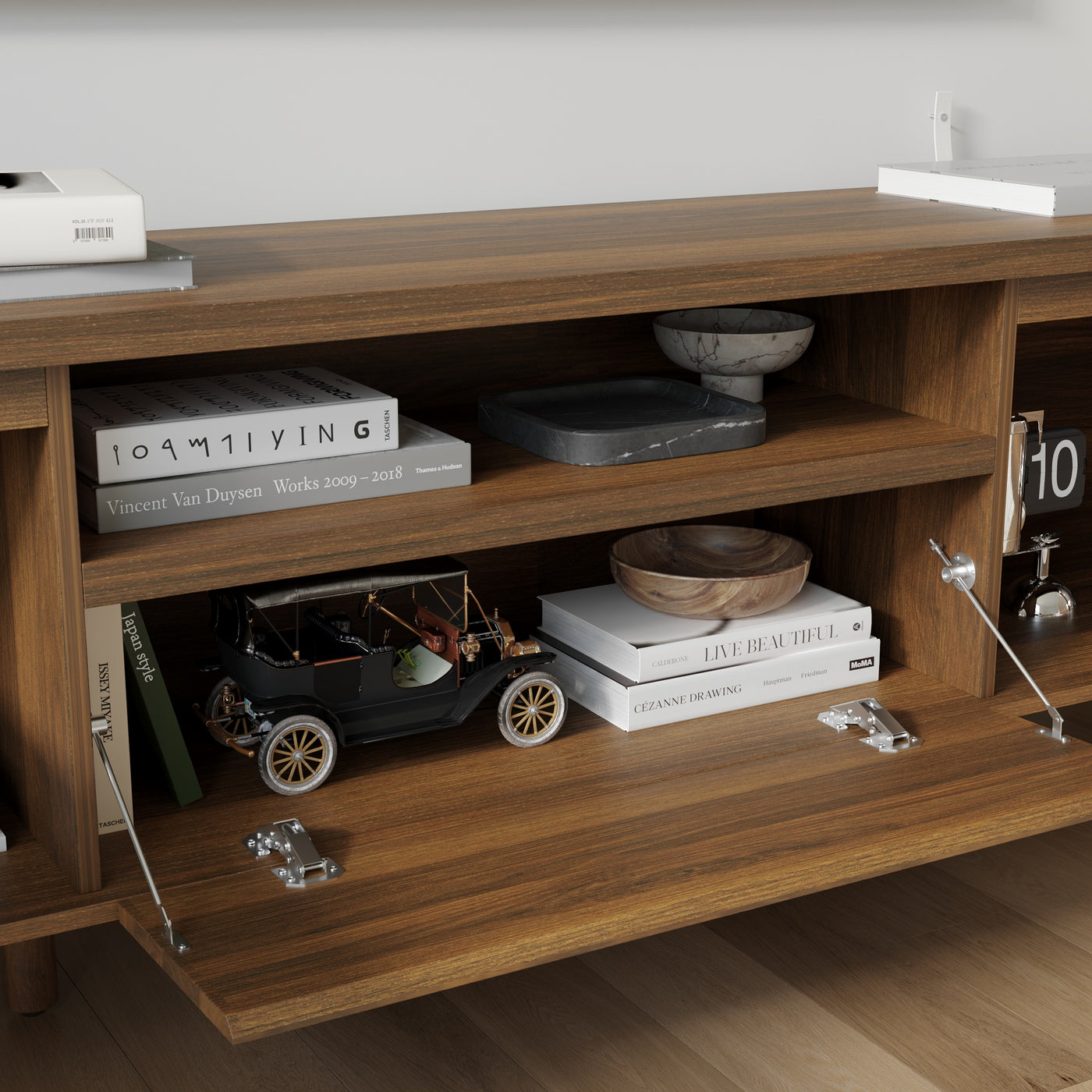 70.9 in. Modern Walnut TV Stand with Sliding Doors and Open Shelf