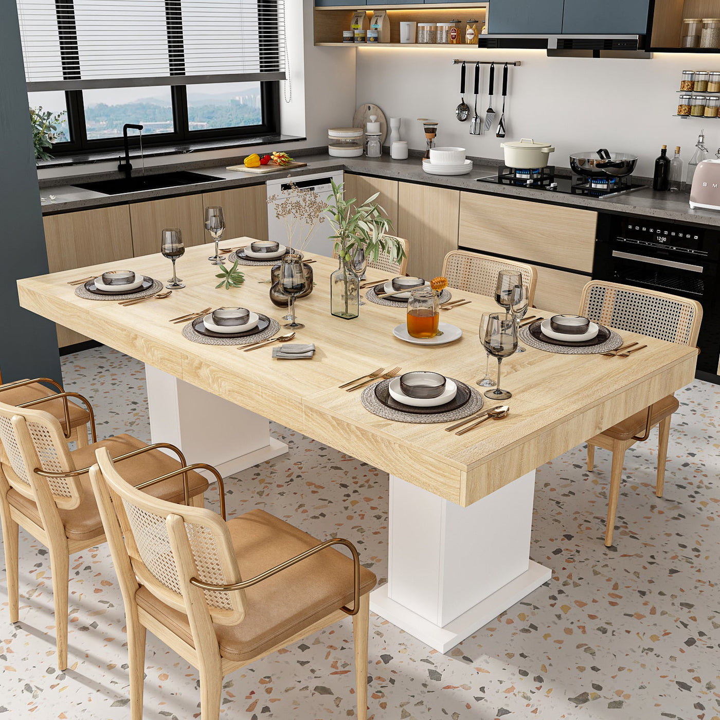 78.7" Modern Natural Rectangular Dinning Table With Two Marble Legs