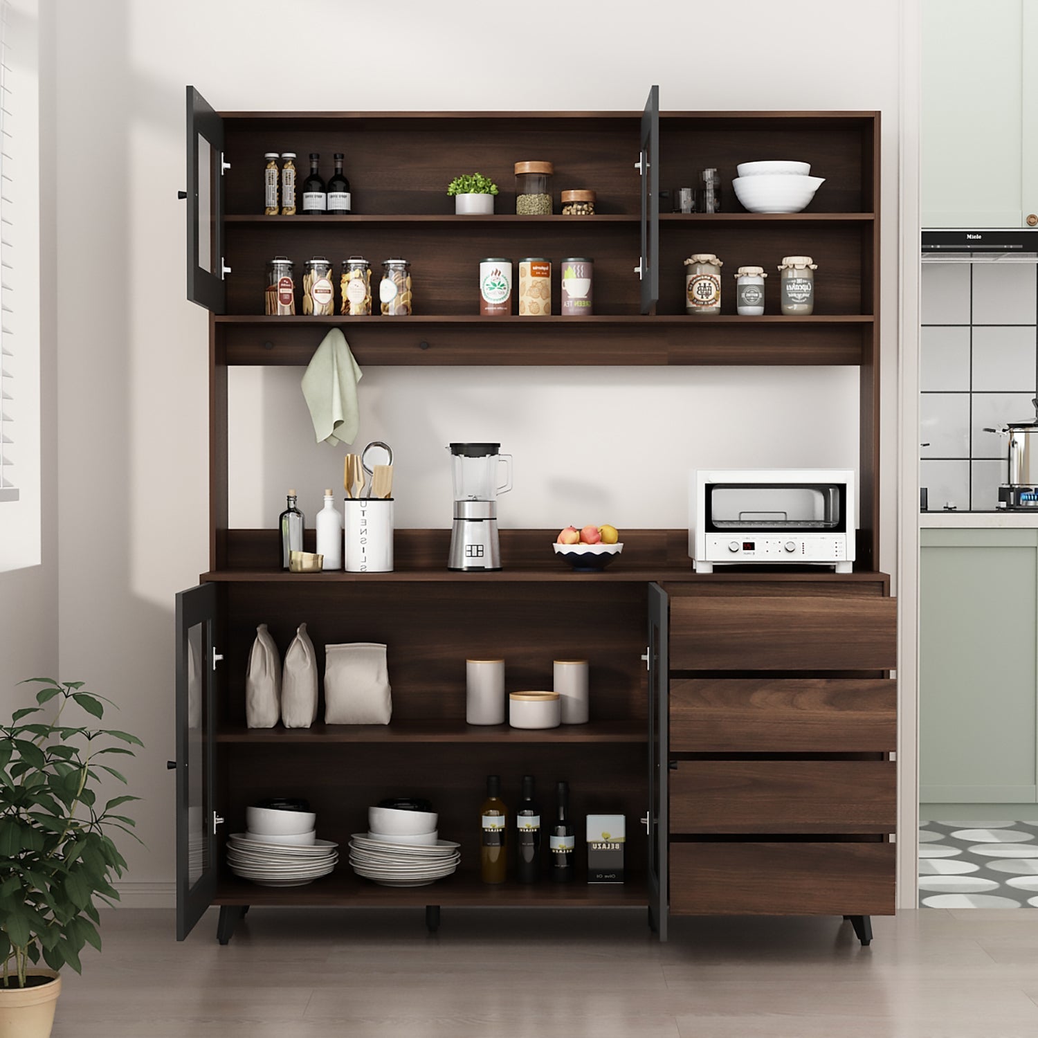 Storage Sideboard Cabinet Cupboard with Drawers and Glass Doors for Kitchen Organization