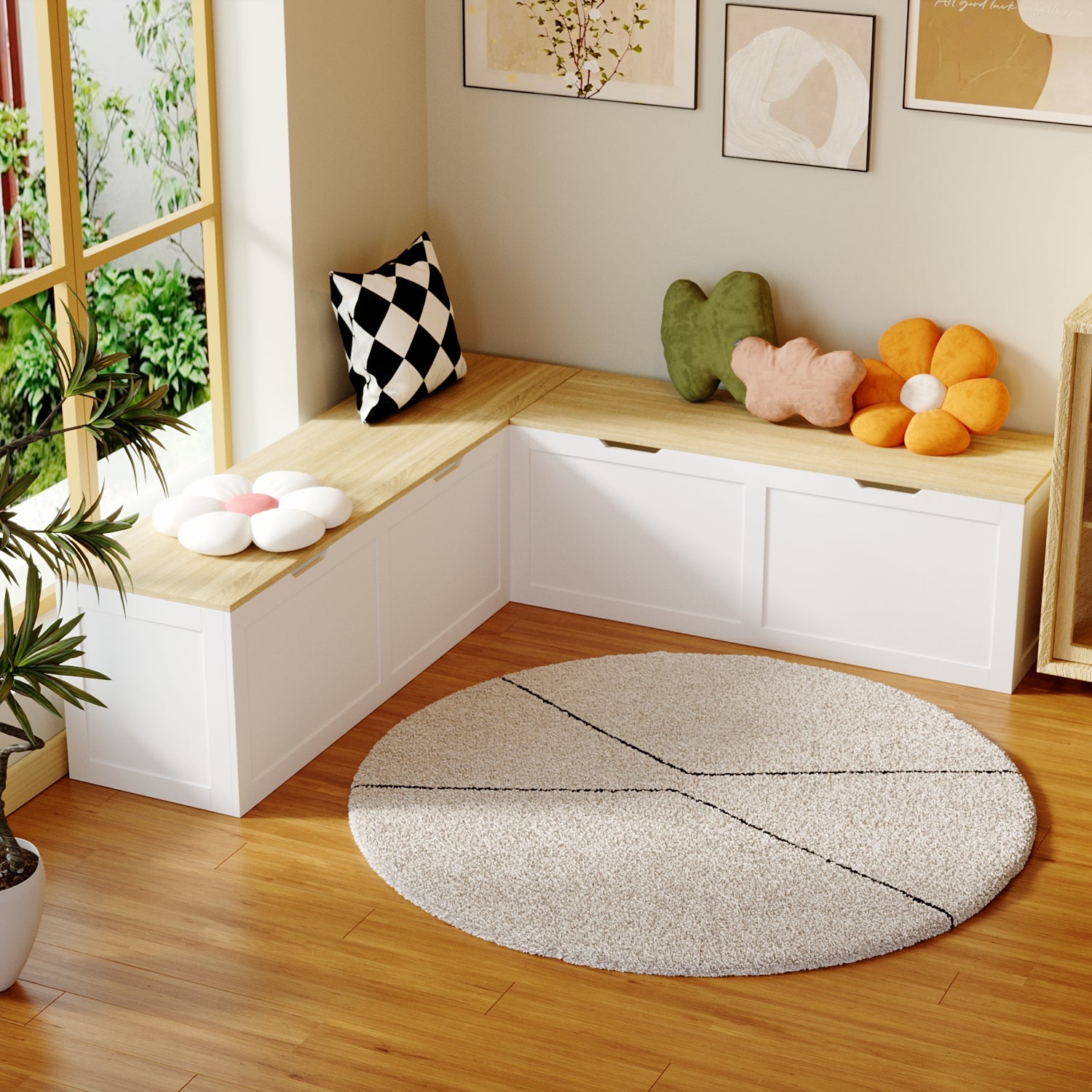 White corner shoe cabinet with bench seating and hidden storage
