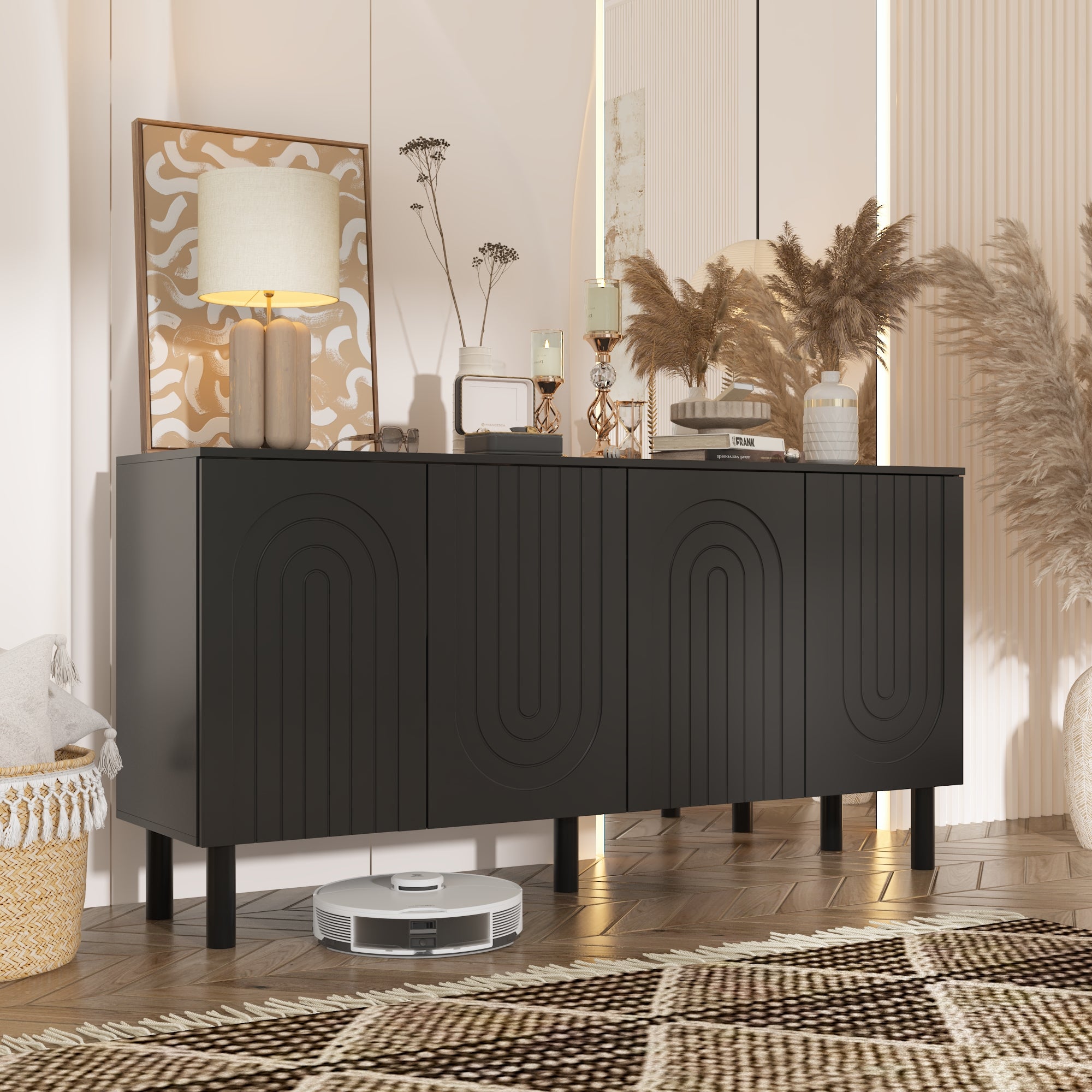 Sideboard Buffet Table Console Table in White Finish 4 U-Shaped Doors