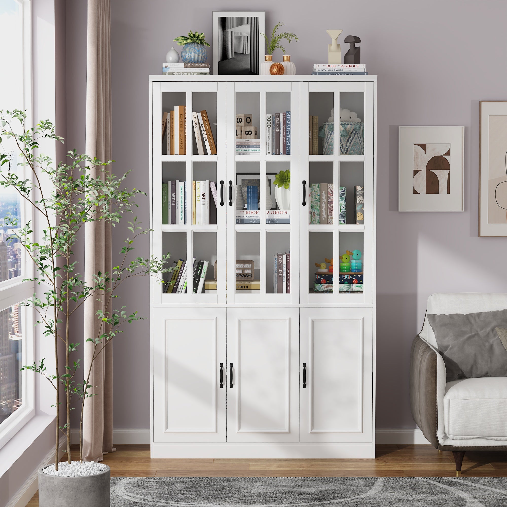 78.7'' H x 47.2'' W Freestanding Wood Bookcase with 3 Glass Doors