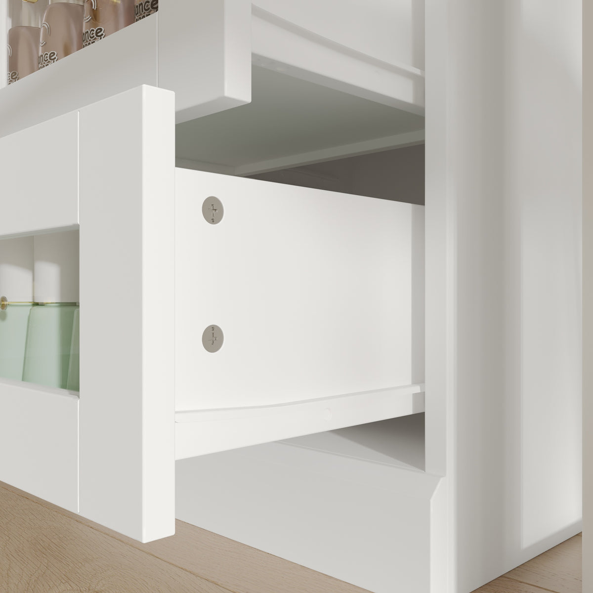 White nail polish storage cabinet with clear drawers, shelves, and side cabinet door