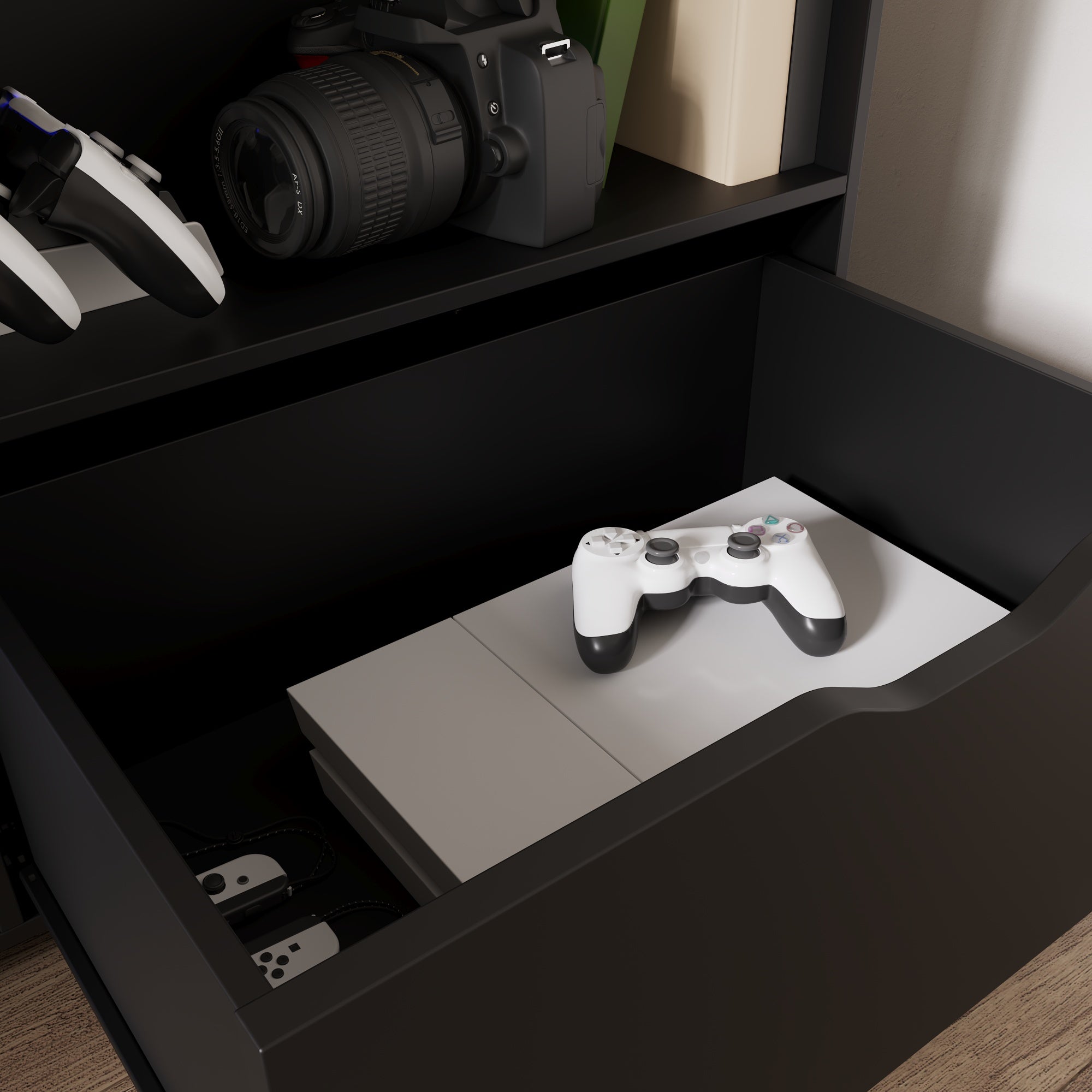 31.5" Wide Black Double File Cabinet - With Side Drawers, Hooks & Spinner Wheels