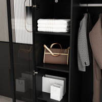 Modern wardrobe with clothes and shelves in a well-lit room