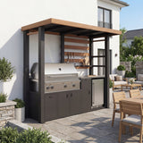 Outdoor kitchen with grill, refrigerator, and dining area on a patio.