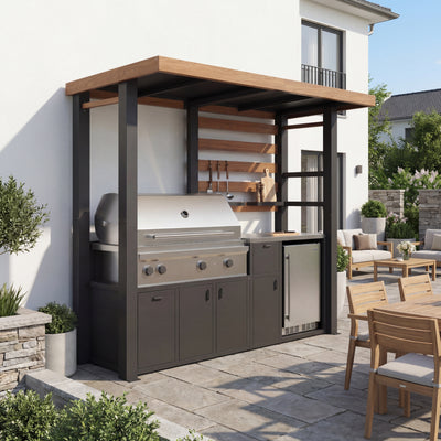 103.1" Heavy-Duty Outdoor Kitchen Island with Galvanized Steel Roof, Stainless Steel Countertop, Adjustable Shelves and Hidden Trash Bin