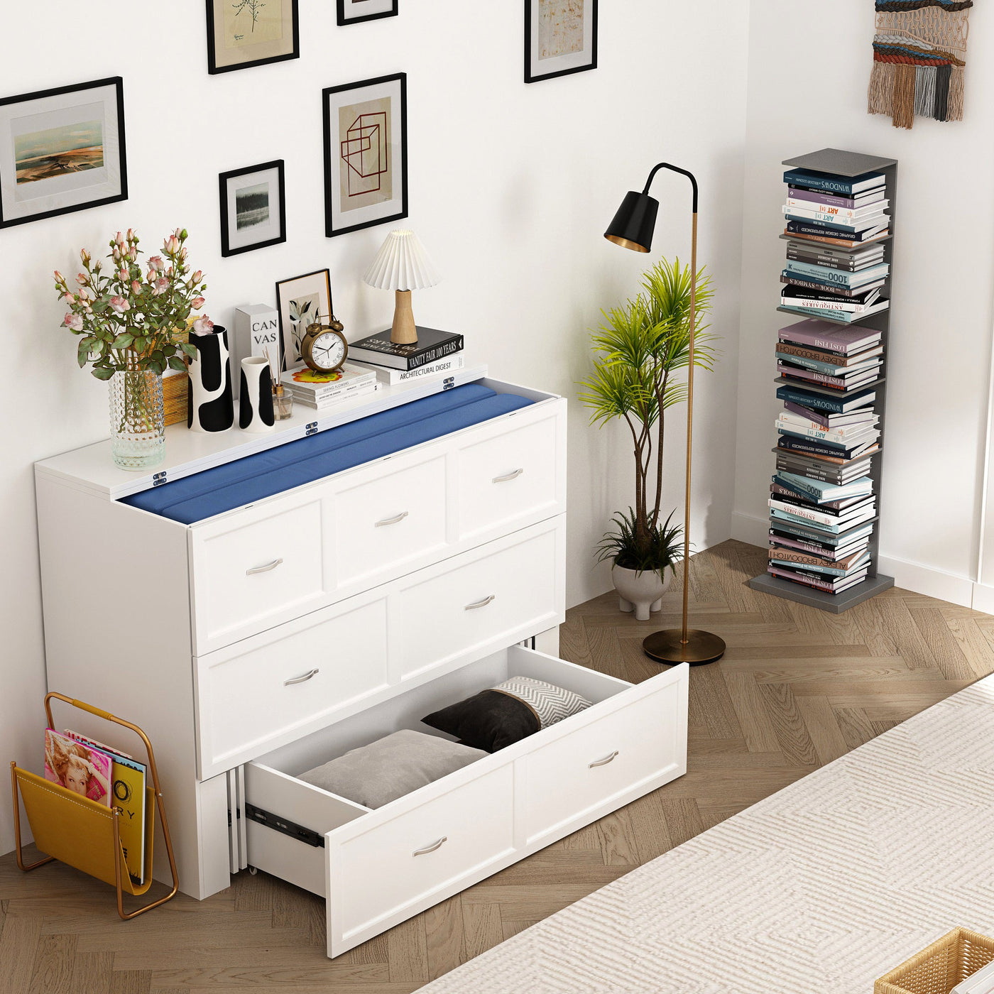 55.1" Modern Minimalist White Fold Out Bed With Power Outlets
