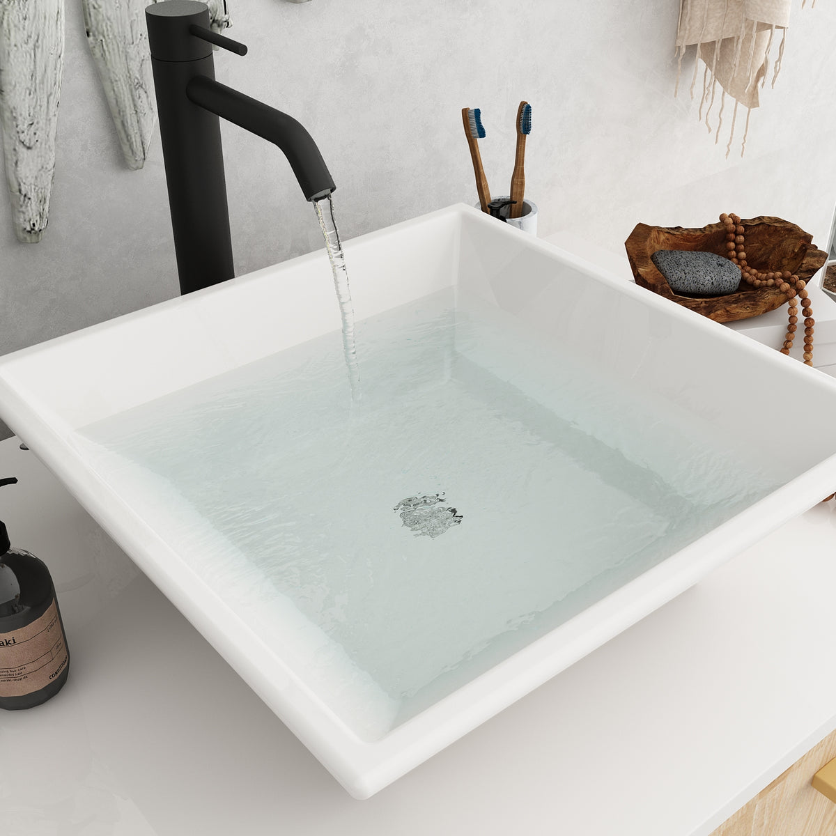 29.9" Modern Oak Bathroom Vanity Cabinet with White Stone Vessel Sink