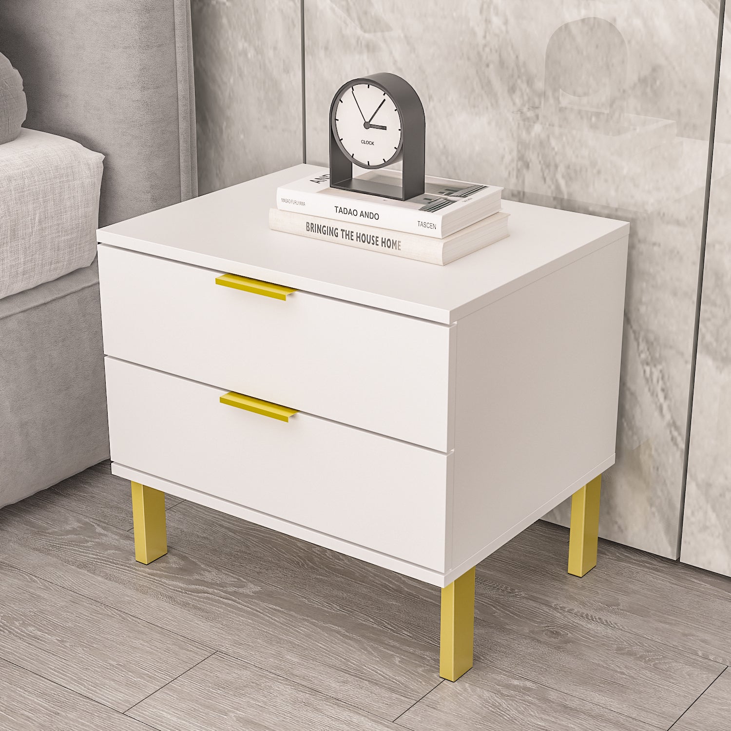 Nightstand with 2 Drawers End Table with Gold Metal Legs for Bedroom