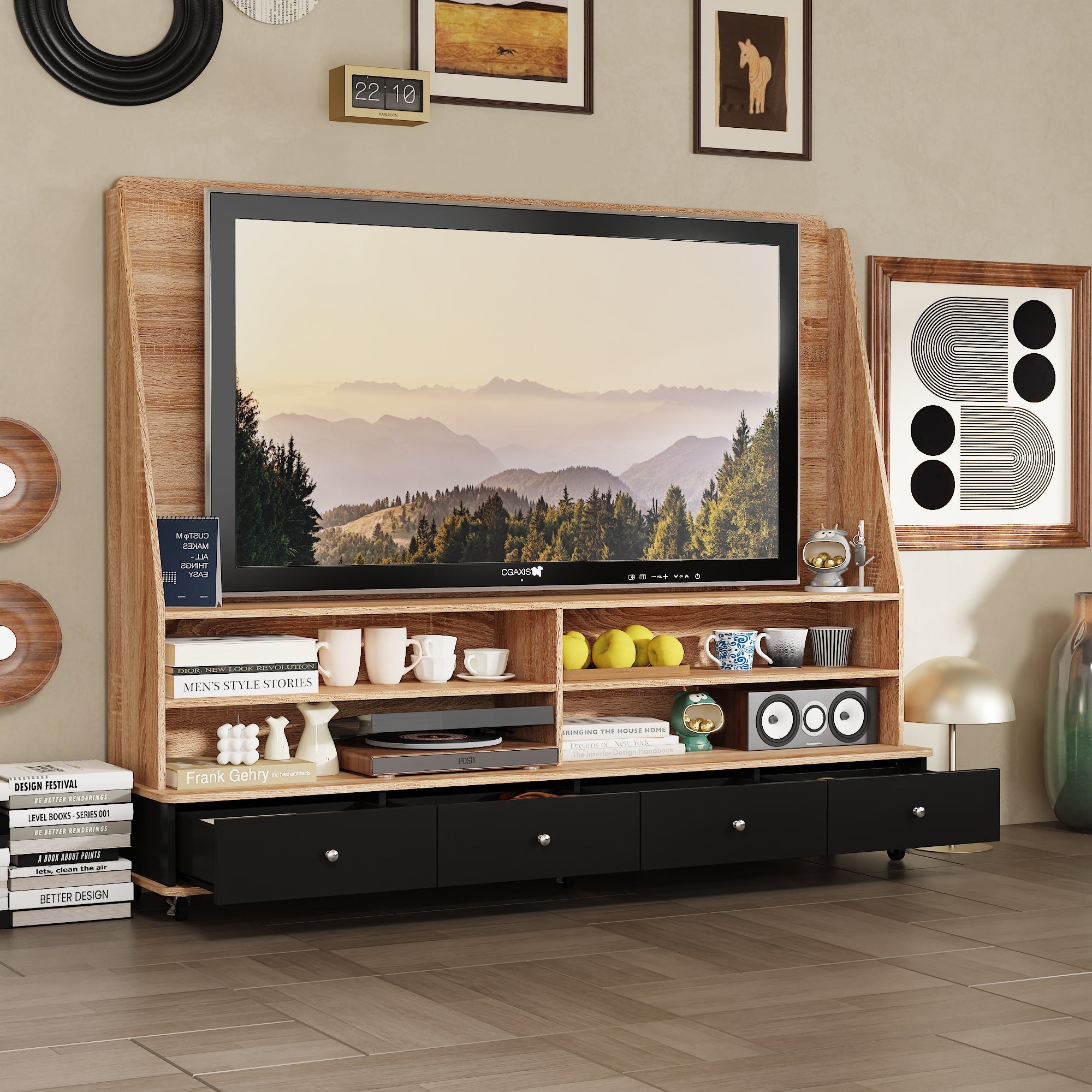 70'' W 4-Drawer TV Stand Media Console With TV Bracket And 6-Wheel