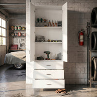 31.5" White Engineered Wood Tall Garage Storage Cabinet with 2 Upper Doors and 3 Lower Drawers, view 2