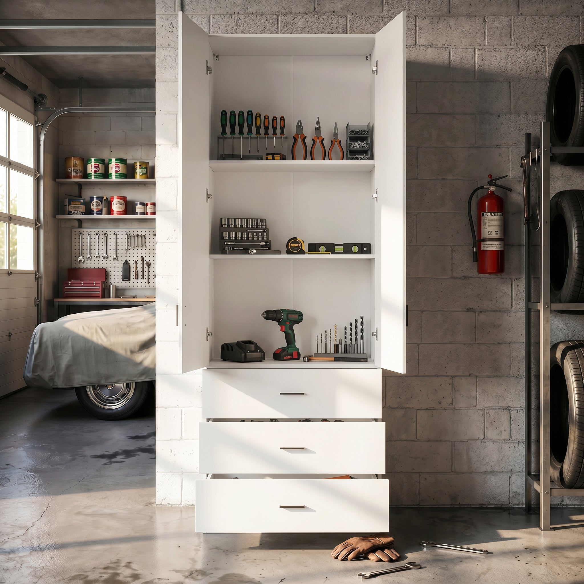 31.5 Inches White Engineered Wood Tall Garage Storage Cabinet with 2 Upper Doors and 3 Lower Drawers