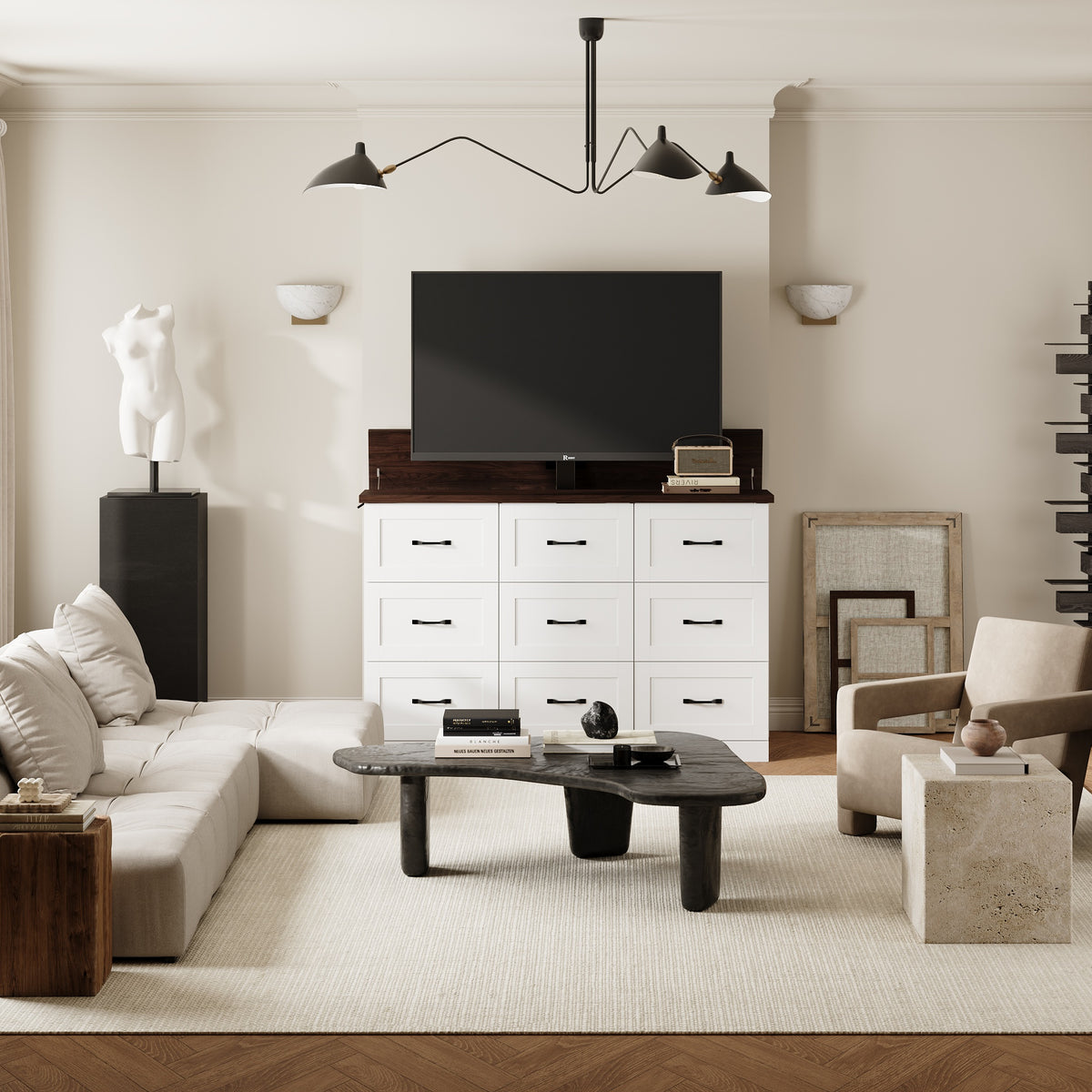 63" Modern White TV Stand Dresser with Hidden TV Lift & 9 Drawers