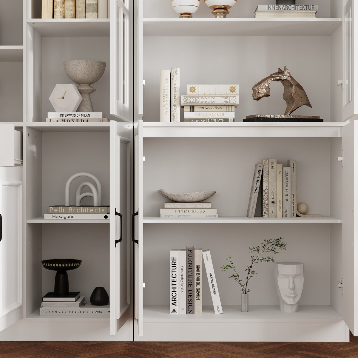 White bookcase set with glass doors, lower cabinets, and center open shelves