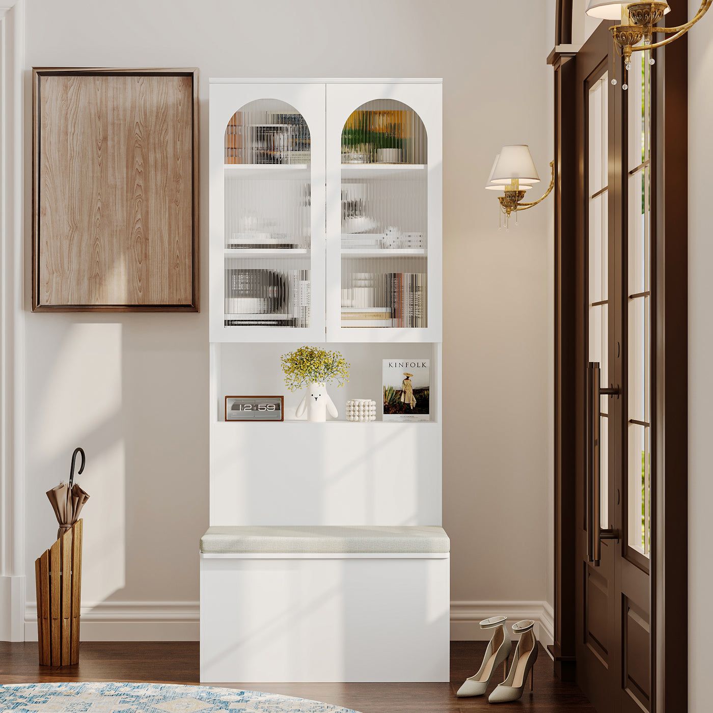 31.5" Modern White Entryway Storage Bench with Cabinet and Upholstered Seat