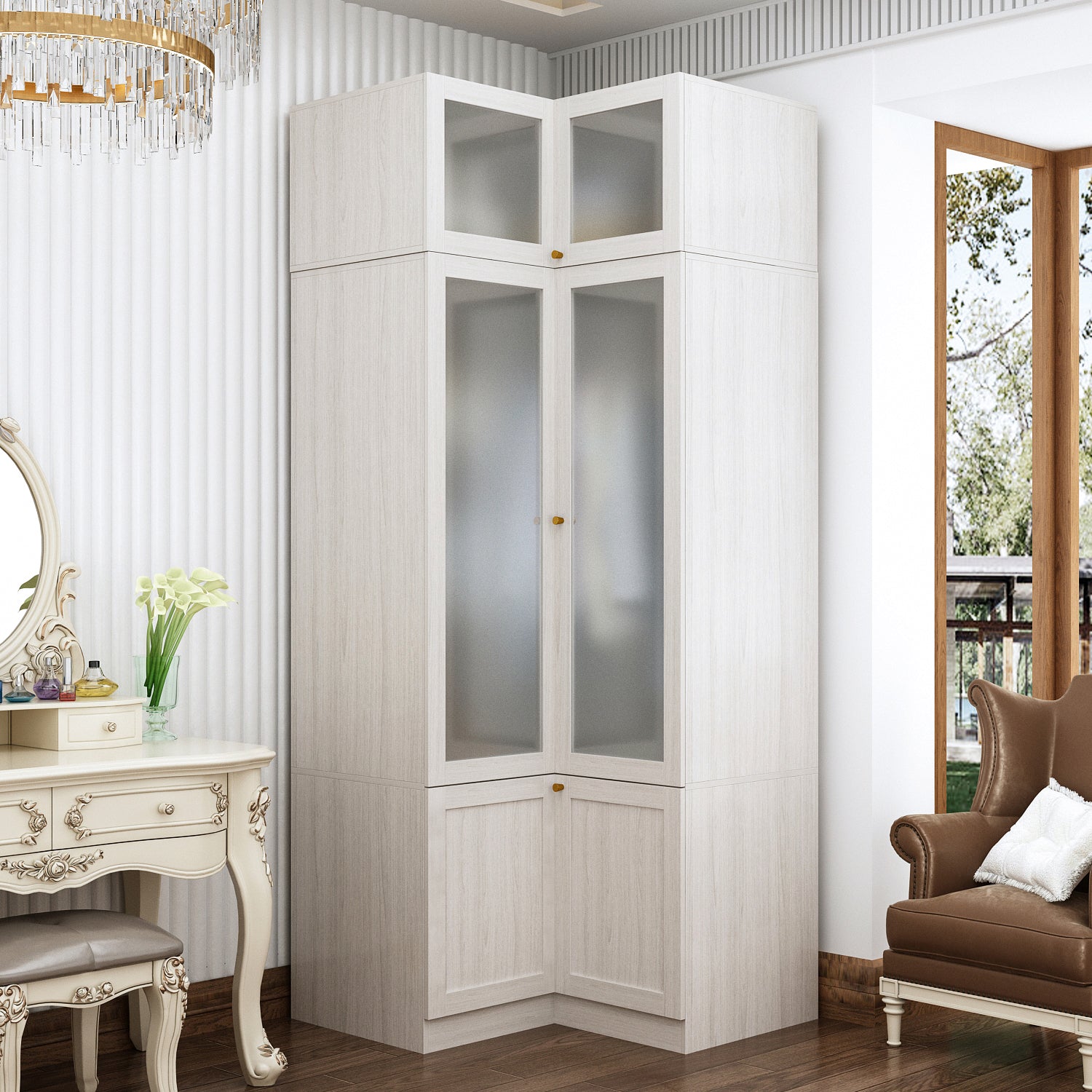 Multipurpose Darlah Corner Armoire with Solid & Manufactured Wood Construction