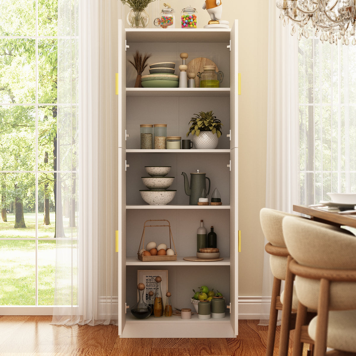 61 inch Modern White Food Pantry Cabinet with 5-Tier Shelving