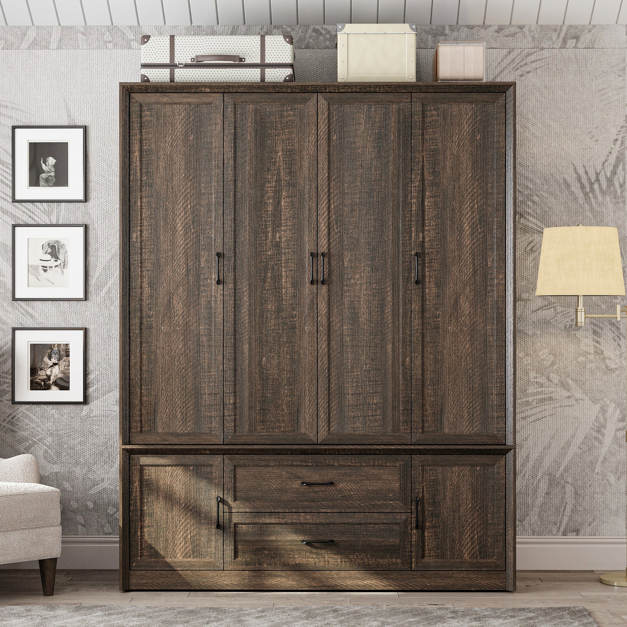 62" Wide 6 Doors 2 Drawers Wood Grain Wardrobe Armoire