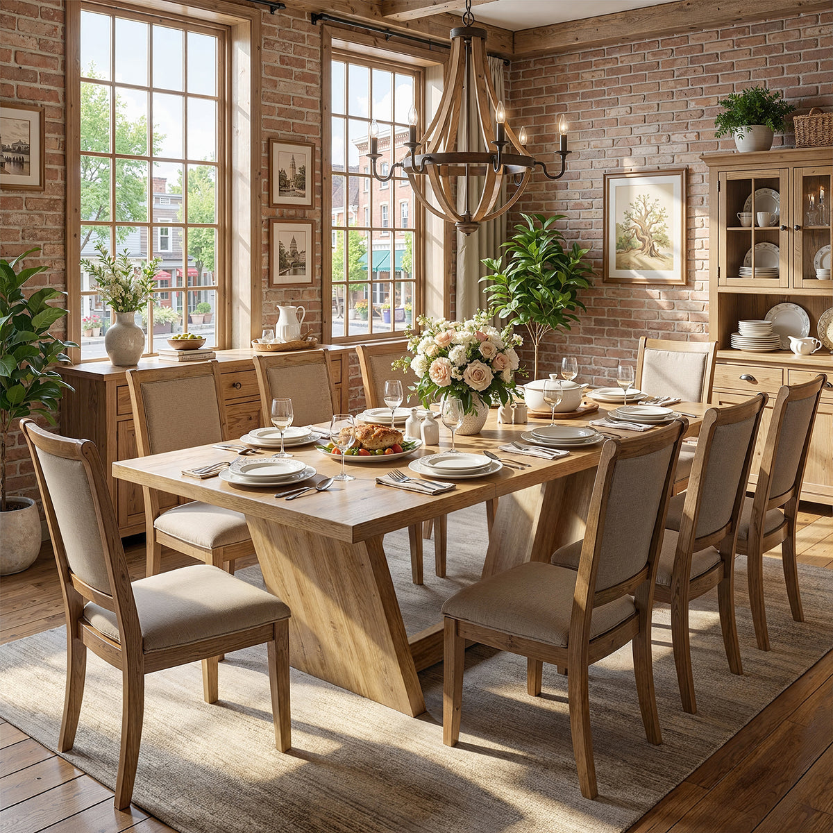 Wood dining table with V-shaped pedestal base 
