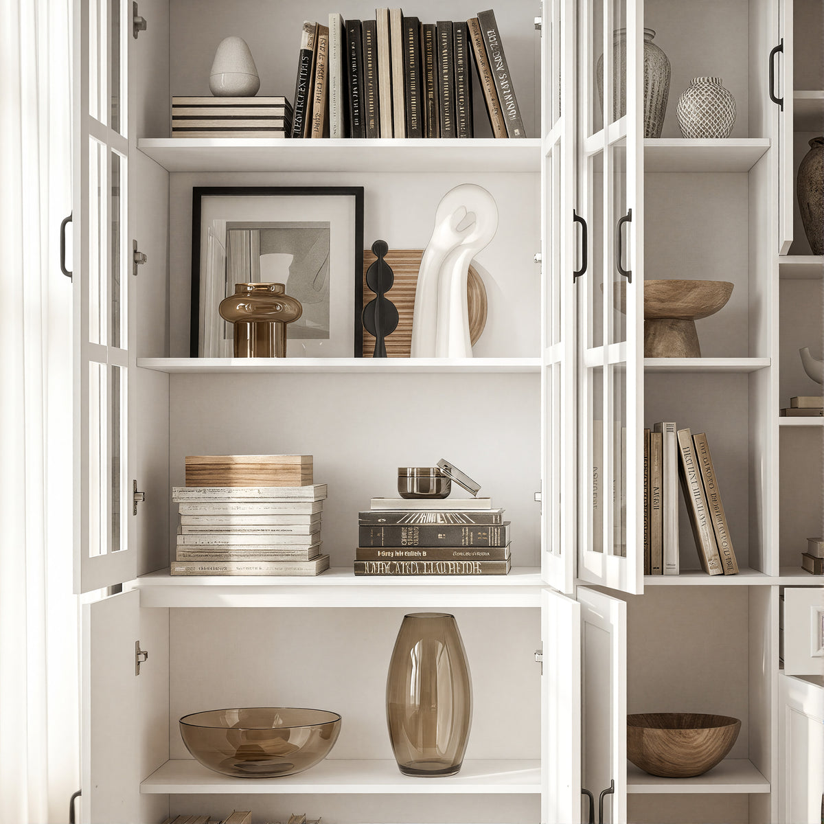 Sofna 94.5" Modern White Tall Display Bookcase with 6 Tiers & Gold Arched Handles
