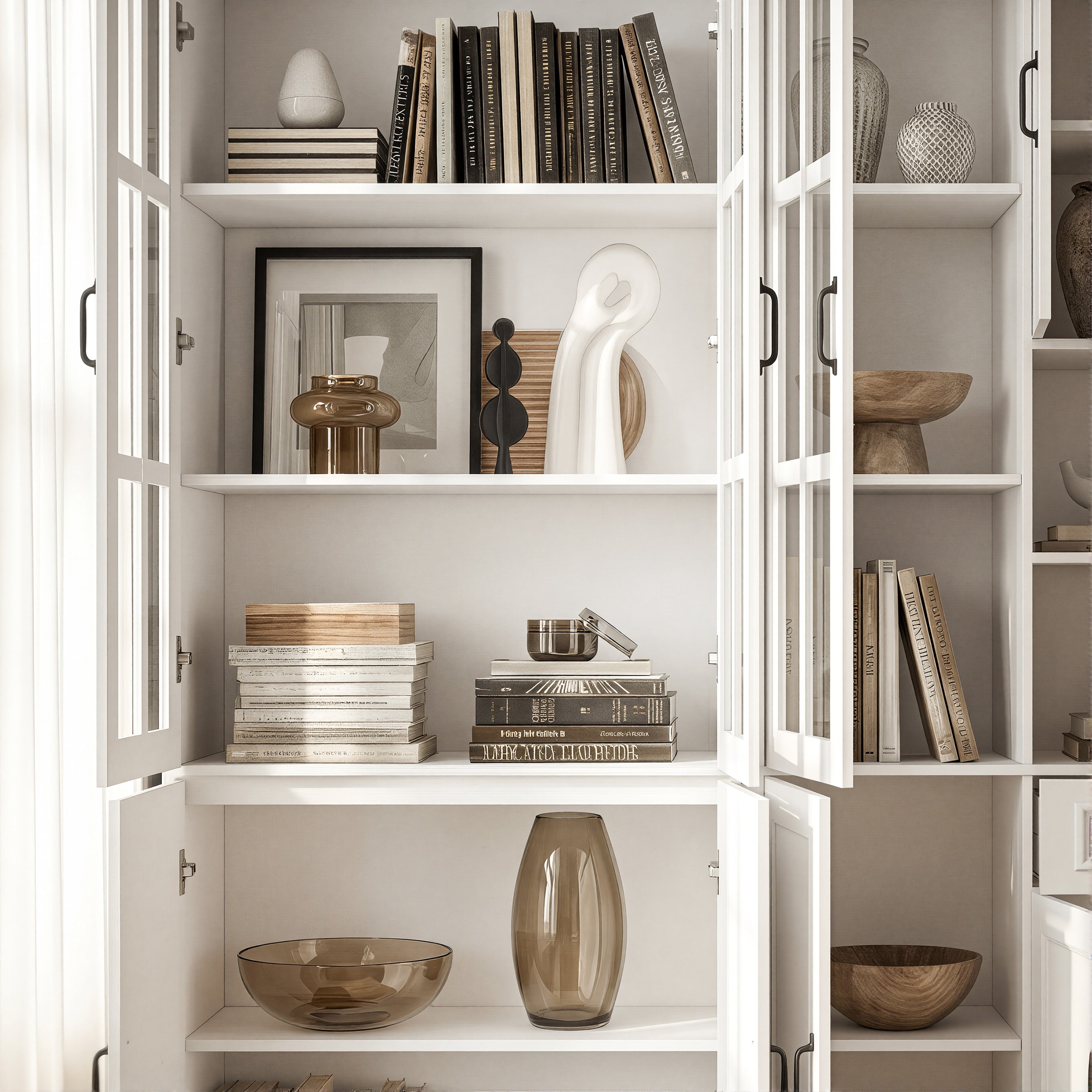 94.5 inch Modern White Tall Display Bookcase with 6 Tiers & Gold Arched Handles