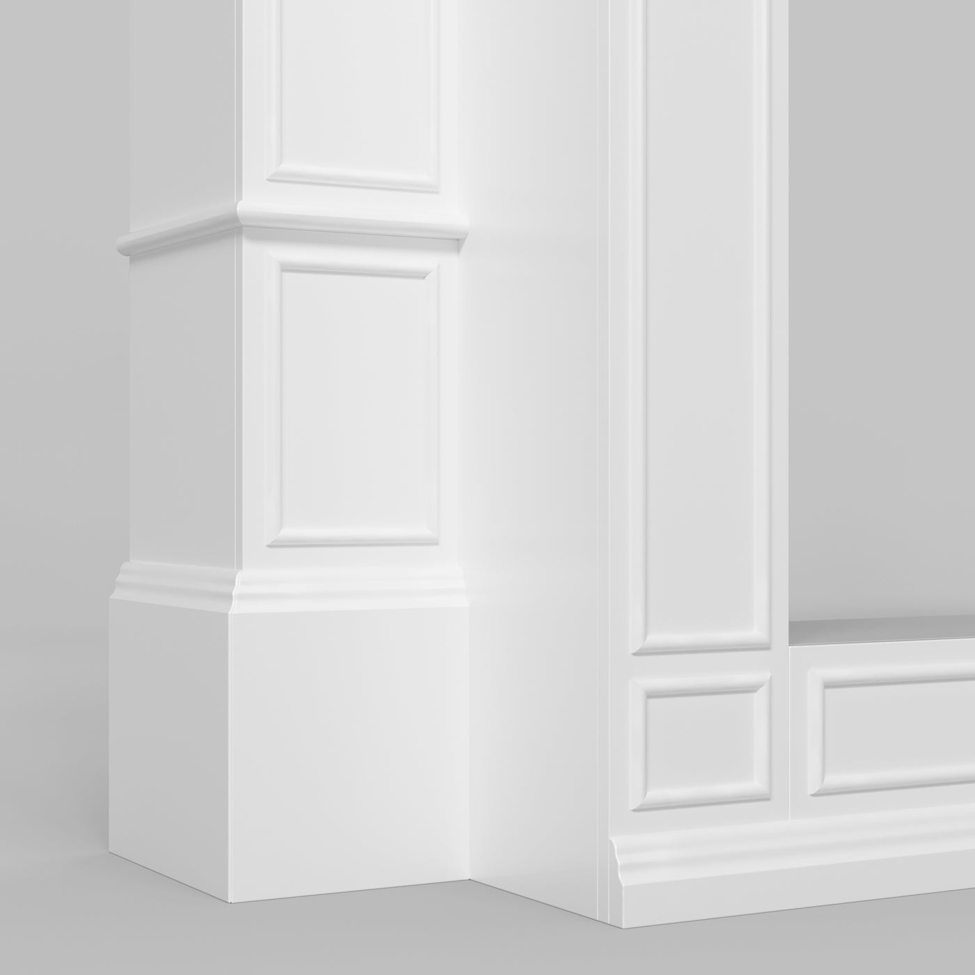 White paneled wall with decorative molding on a gray background