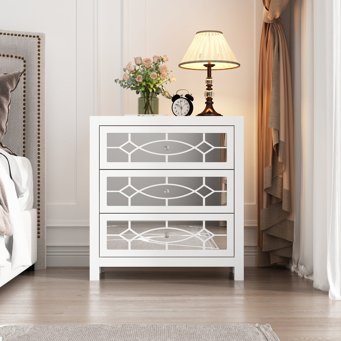 26" Mirrored 3-Drawer Dresser with Geometric Pattern