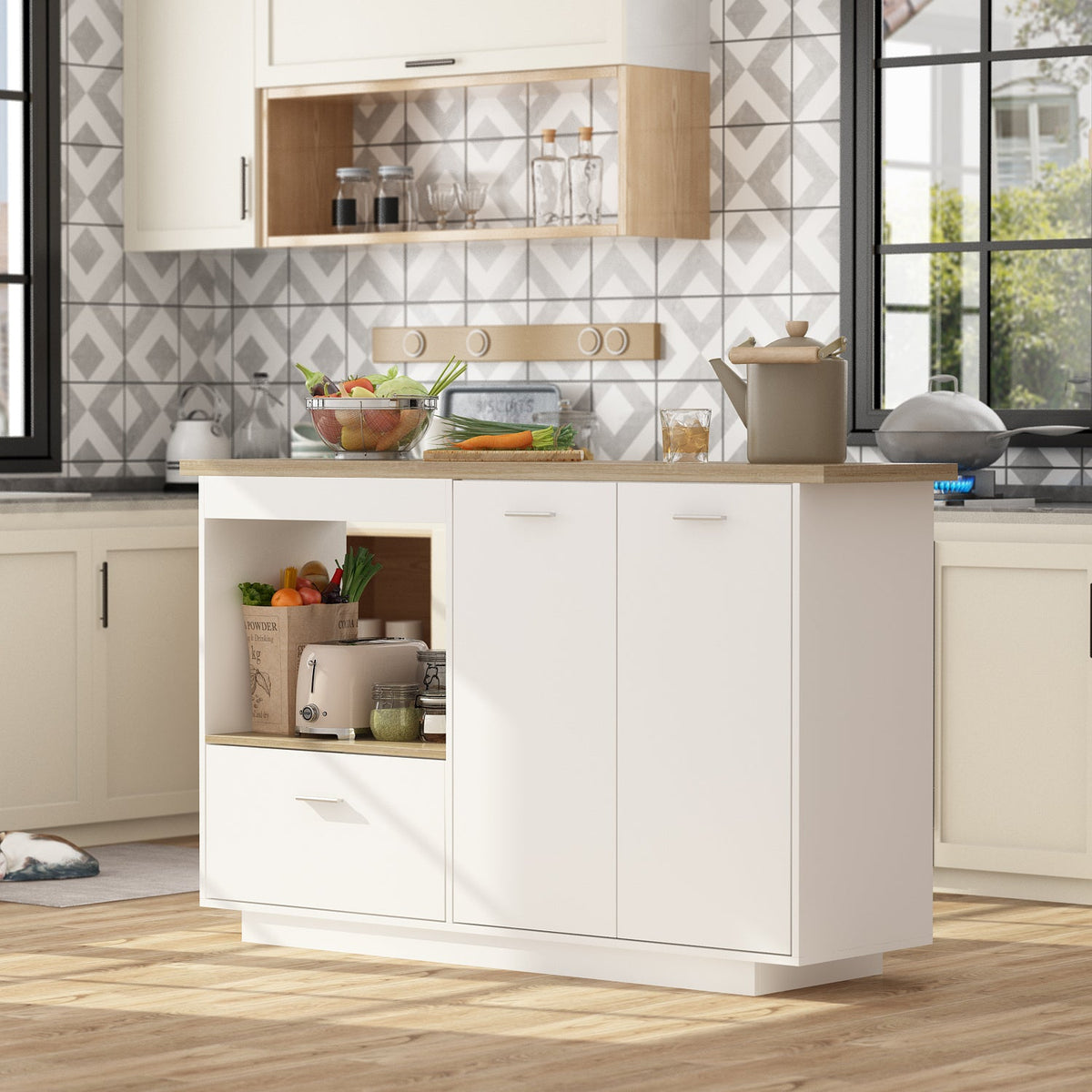 Kitchen Island with Open Storage and Adjustable Shelf Modern Style