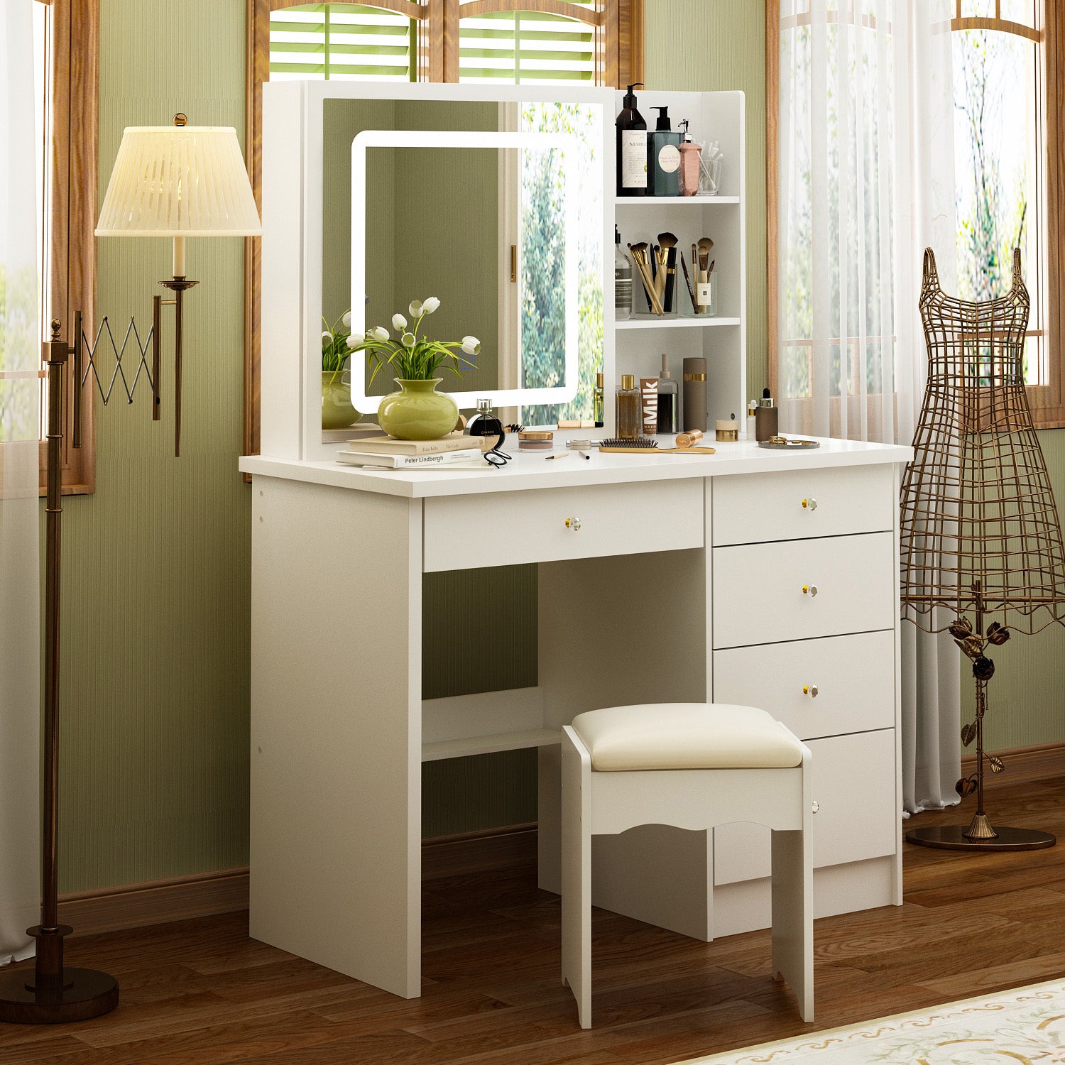 Makeup Vanity Set with Sliding Lighted Mirror, Cushioned Stool, 5 Drawers & Shelves