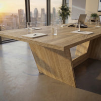 Wood dining table with V-shaped pedestal base 