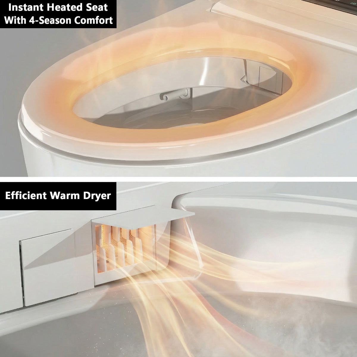 White smart toilet with compact one-piece design and side control knob