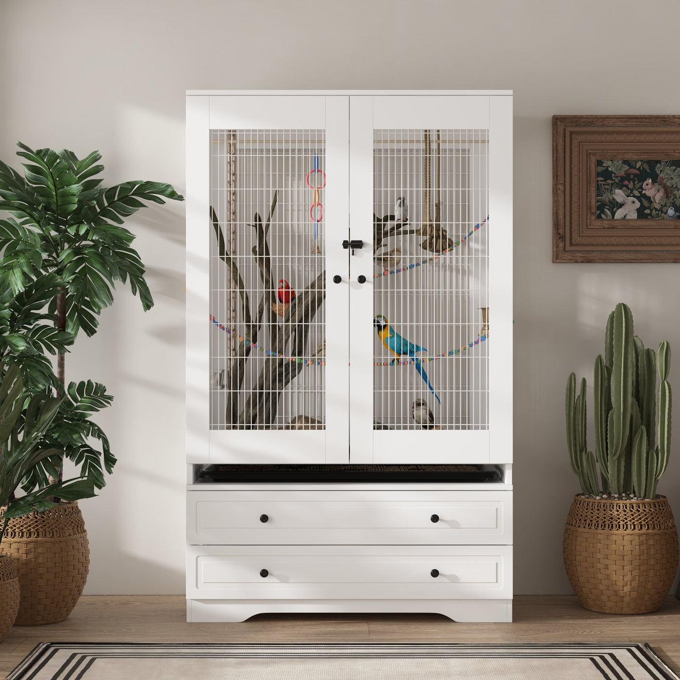 38.5" Modern White Large Floor Bird Cage with Removable Tray and Storage Drawers