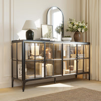 63" Modern Brown Sideboard Buffet Cabinet with 4 Doors and Gold Accents