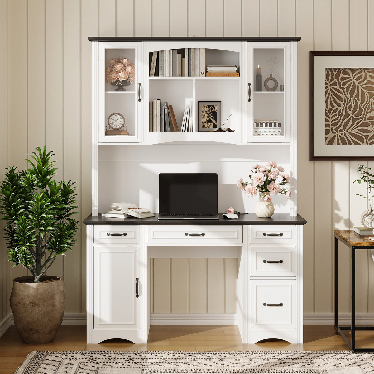 58" Farmhouse White Computer Desk With 6 Drawers, Hutch And Socket