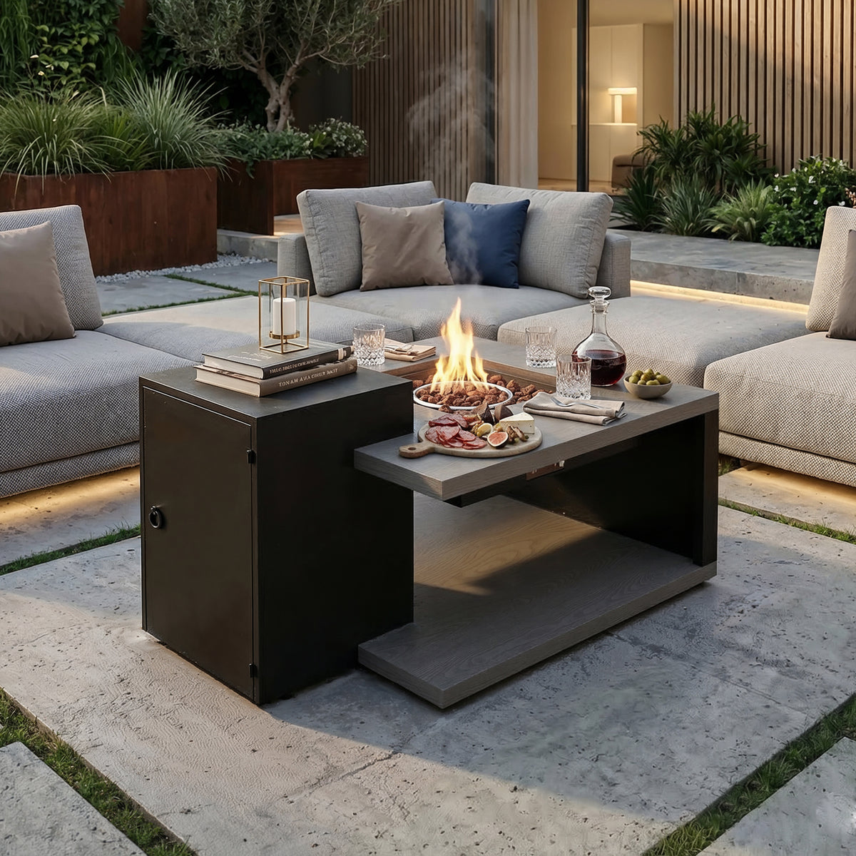 Outdoor patio setting with a fire pit table, seating area, and decorative elements.
