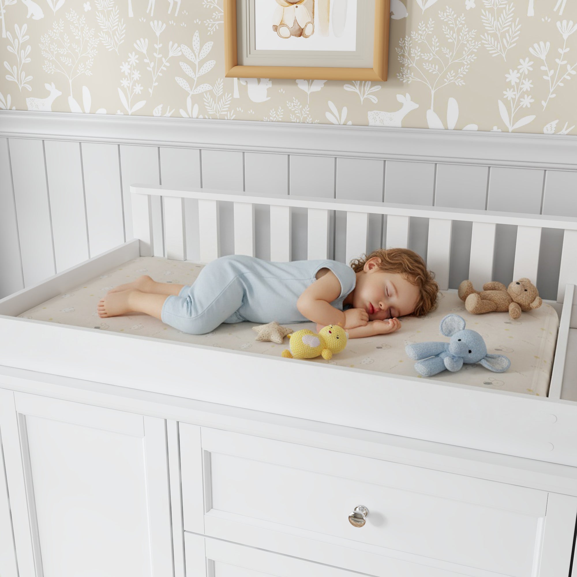 47.2" Wide White Changing Table Dresser With 2 Cabinets & 4 Drawers